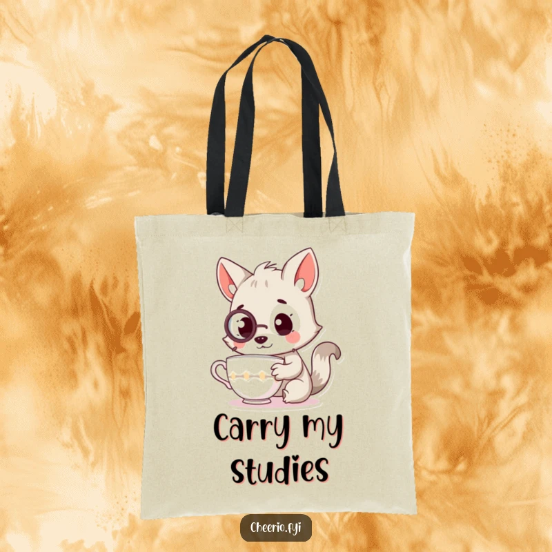 Funny tote bag illustration of an inquisitive animal wearing a monocle, examining a teacup, conveying refined curiosity for daily use.