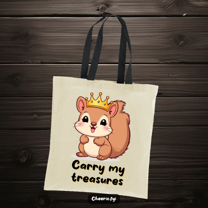 Funny squirrel wearing a small crown, ready for adventures on a durable tote bag. A charming funny gift.