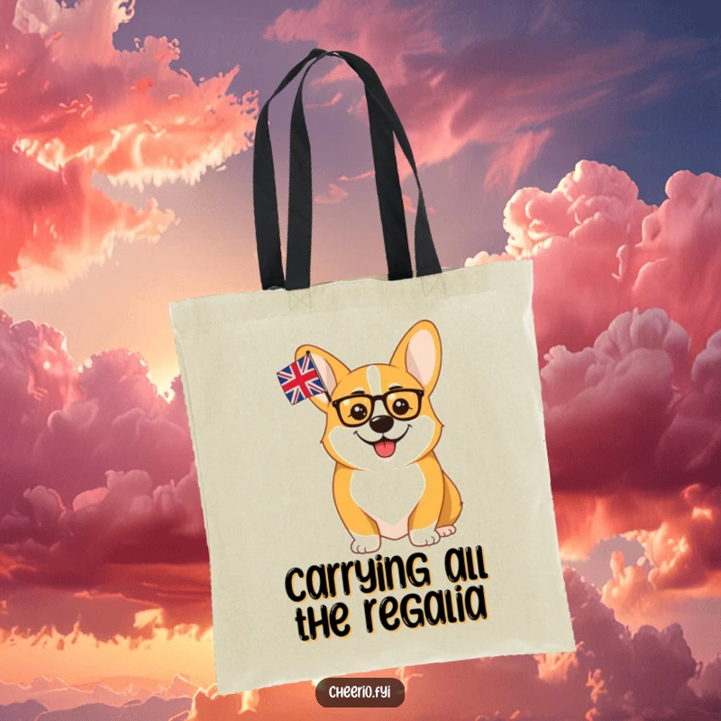 Funny Corgi Monocle Union Jack Tote Bag: A cheerful corgi in a monocle waves the union flag, perfect for stylish, humorous carrying.