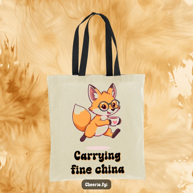 Funny tote bag with a leaping fox wearing a monocle and holding a tiny teacup, a humorous and sophisticated accessory.