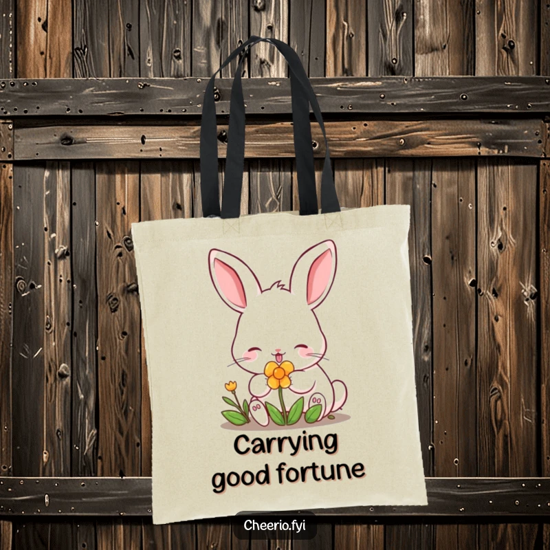 Funny rabbit with perked ears nibbling a clover on a durable tote bag. A lucky and funny gift.