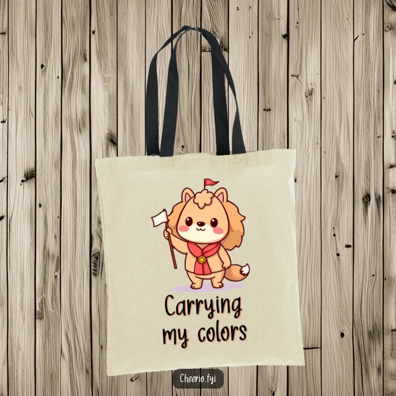 Funny tote bag showcasing a proud animal character standing tall with a small flag, perfect for carrying essentials with pride.