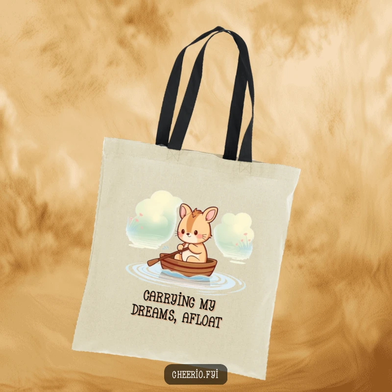 Funny British animal character rowing a tiny boat on a peaceful river, a practical tote bag with a humorous, cheerful design.