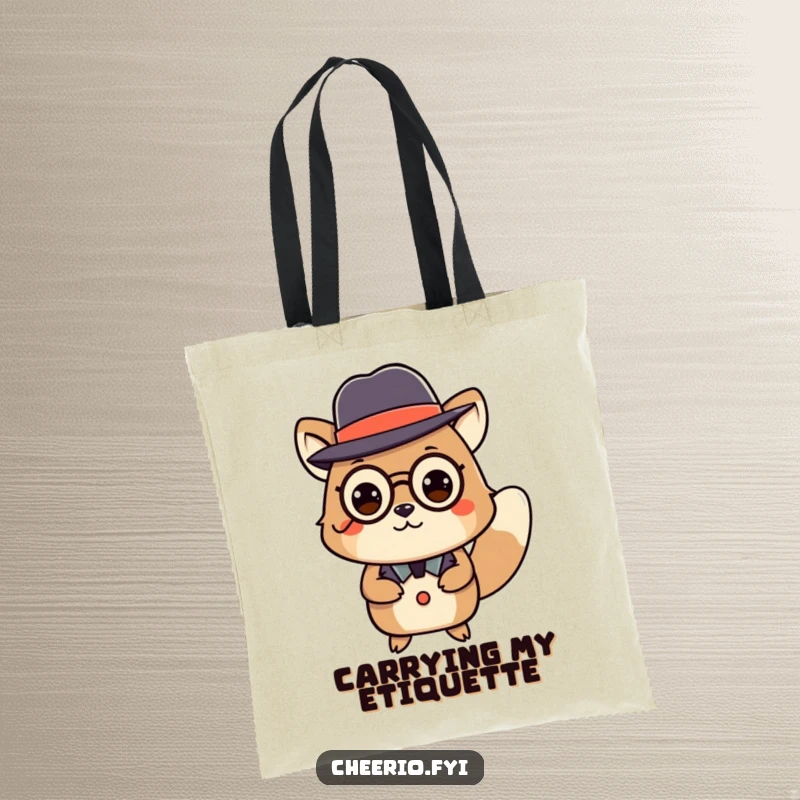 Funny tote bag featuring an animal in a bowler hat and monocle performing a distinguished curtsey, a humorous accessory.