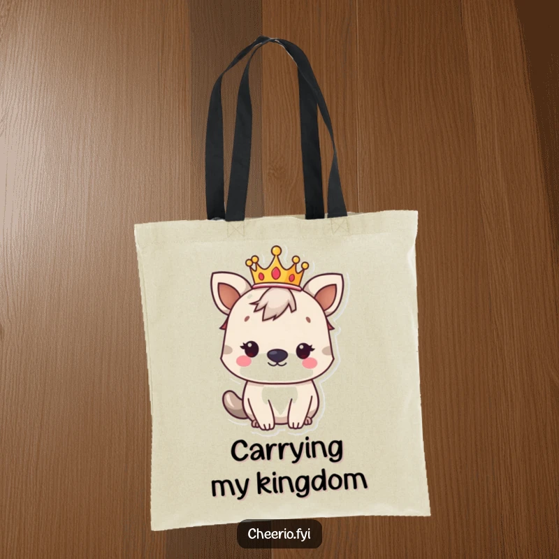 Funny British animal character wearing a small crown, looking noble, on a stylish tote bag for carrying in regal fashion.