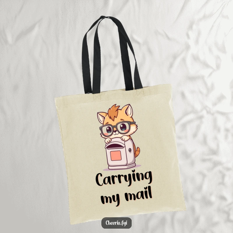 Funny tote bag with a playful animal wearing spectacles tripping over a small post box, perfect for carrying essentials.