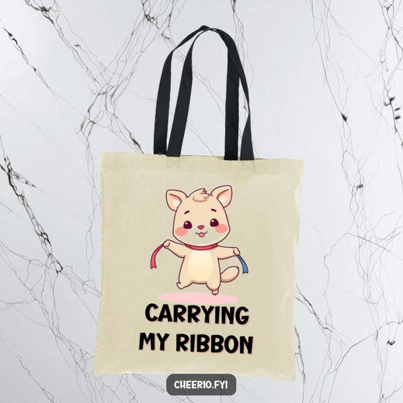 Funny tote bag illustrating a cheerful animal with a bright disposition, energetically skipping rope with a ribbon, ready for anything.
