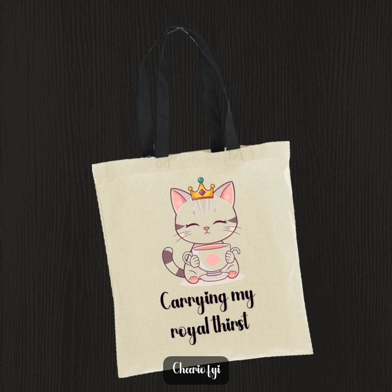 Funny tote bag featuring a cute cat in a small crown, observing a floating teacup with an air of regal curiosity.