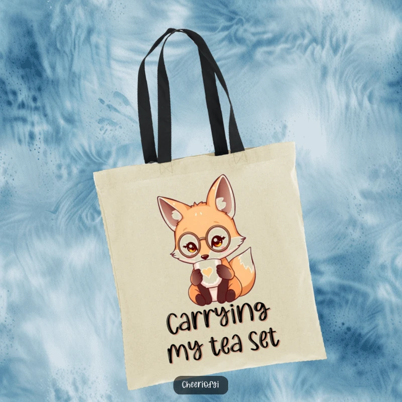 Funny cute fox wearing a miniature monocle sipping tea from a delicate cup, a practical tote bag.
