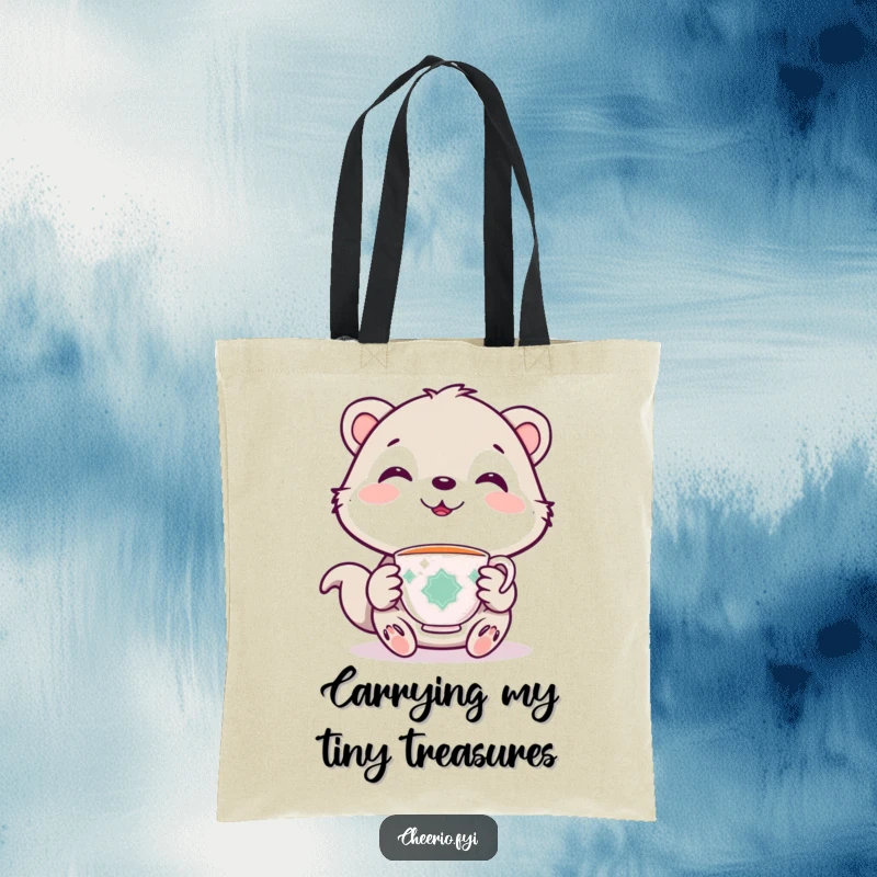 Funny tote bag featuring a cute animal character holding a small teacup, smiling sweetly, perfect for errands.