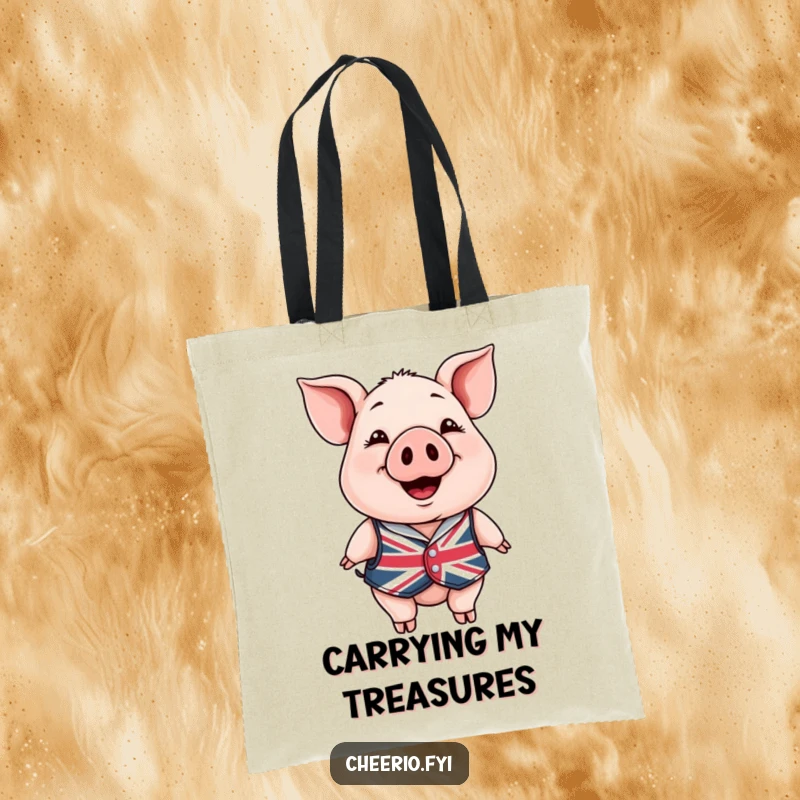Funny Tote Bag: A happy pig in a Union Jack waistcoat smiling, a delightful and humorous accessory for daily use.