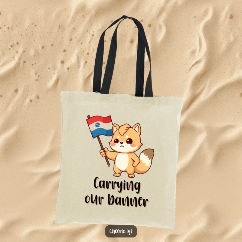 Funny tote bag with a proud, determined animal character gesturing towards a stylized flag, perfect for patriotic errands.