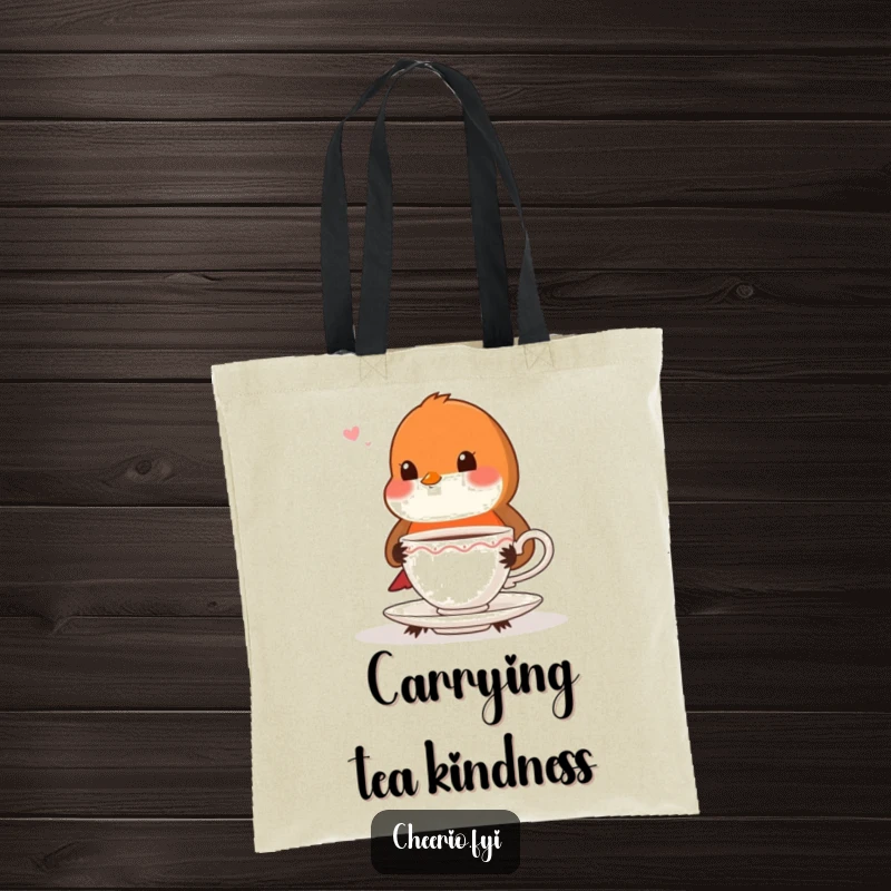 Funny playful robin with very proper posture offering a teacup, a durable and practical tote bag.