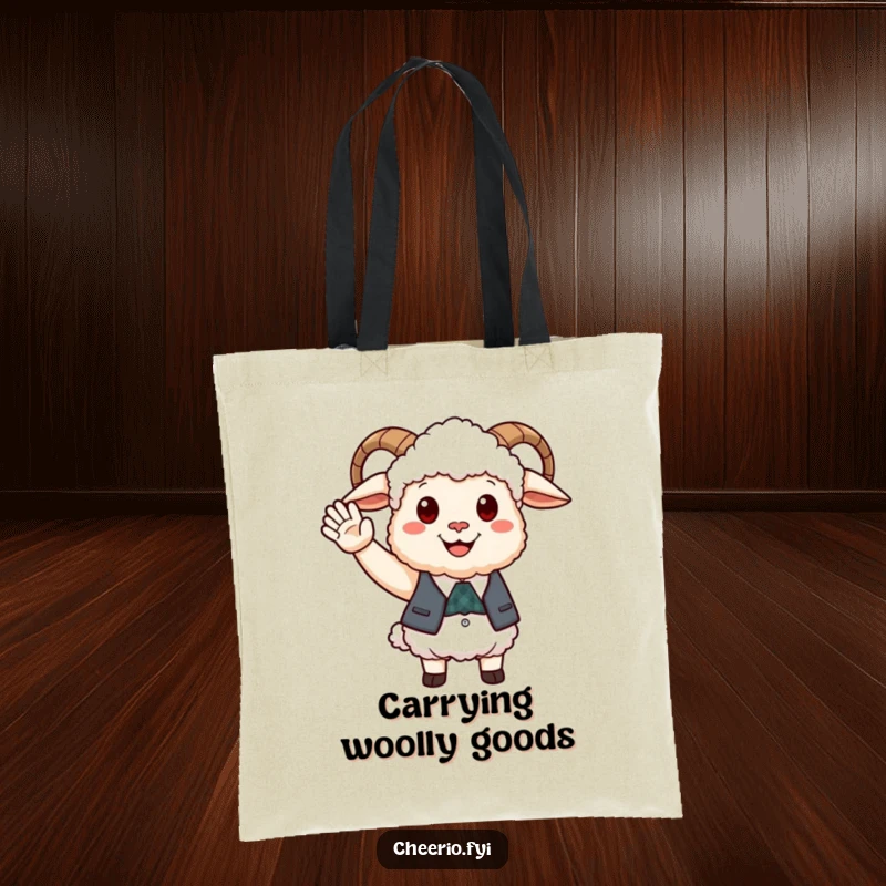 Funny happy sheep wearing a smart waistcoat offering a friendly wave, a durable and practical tote bag.