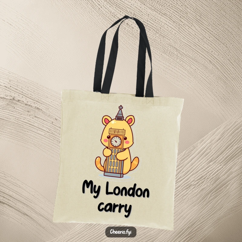Funny cartoon animal hugging a stylized Big Ben icon, depicted on a humorous tote bag.