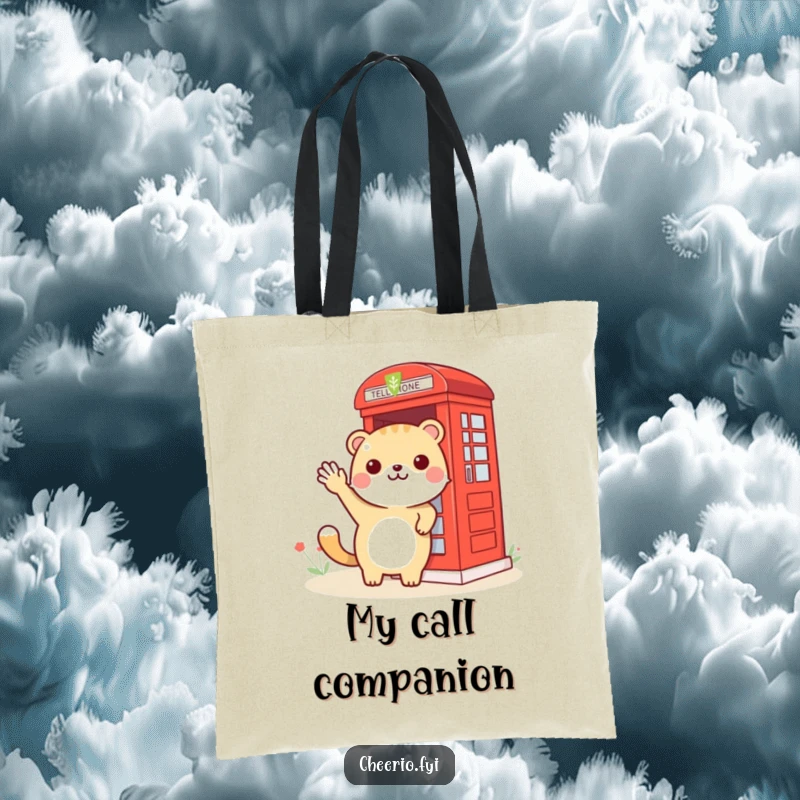 Funny animal with a friendly wave towards a red phone booth, depicted on a humorous tote bag.