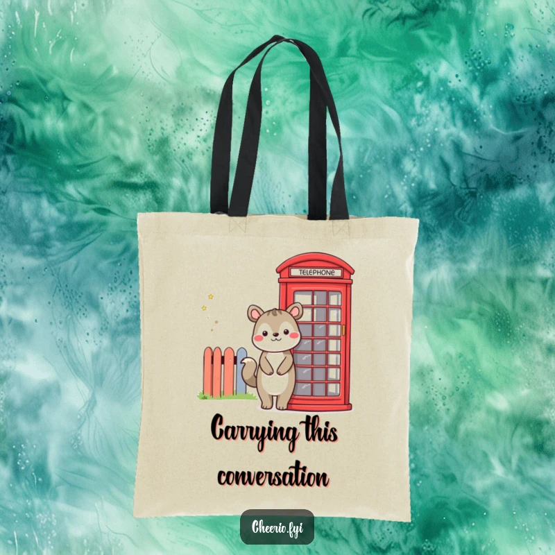 Funny tote bag depicting a smiling animal standing by a classic red telephone booth, practical for shopping and adding humor.