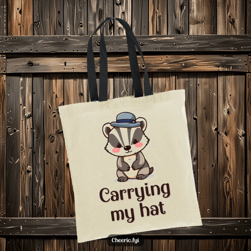Funny tote bag showcasing a playful badger character tipping a miniature bowler hat, adding a touch of whimsical style.