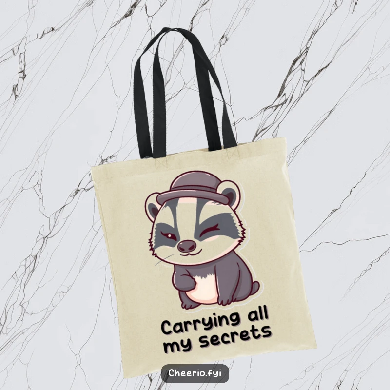 Funny badger in a bowler hat winks adorably on a reusable tote bag, a practical and humorous accessory gift.