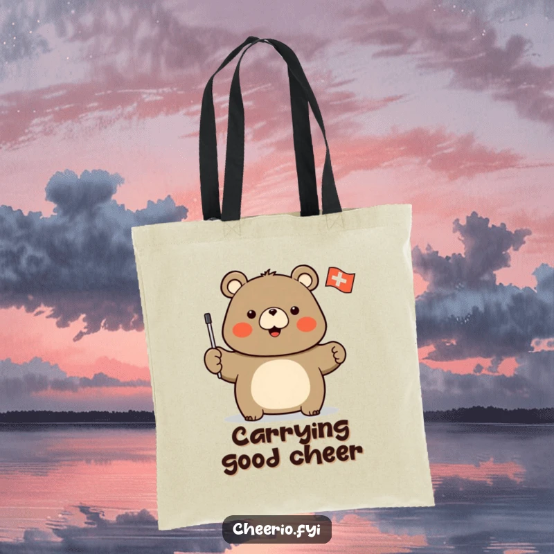Funny tote bag with a stout bear character enthusiastically waving a small flag featuring a white cross, perfect for daily use.