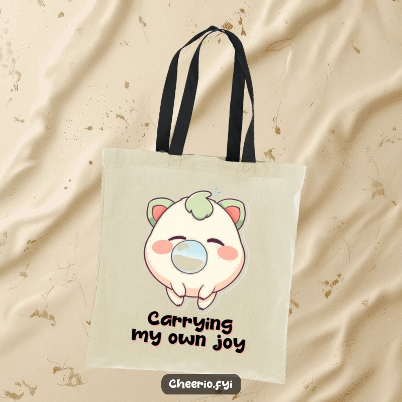 Funny tote bag showcasing a creature with a cheerful twinkle, blowing a big, celebratory bubble.