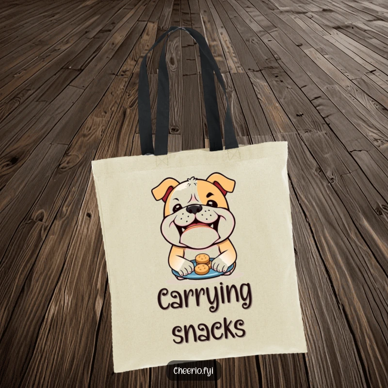 Funny Bulldog Tote Bag: A bulldog with a mischievous grin holds a plate of biscuits, ideal for carrying essentials with humor. A charming funny gift.