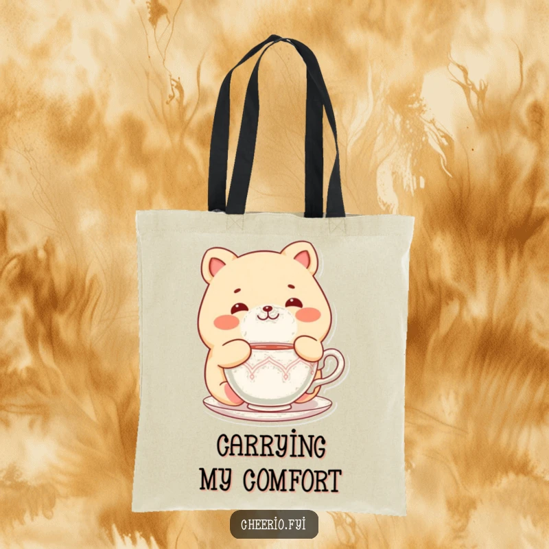 Funny Chubby Cat Tote Bag: A chubby cat character delighted with a teacup, great for carrying tea accessories, funny gift.