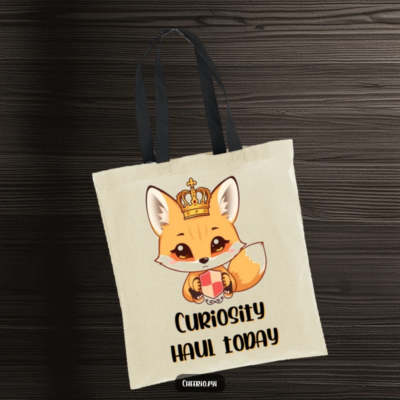 Funny fox with wide eyes peering at a miniature royal crest on a durable tote bag. A stylish funny gift.