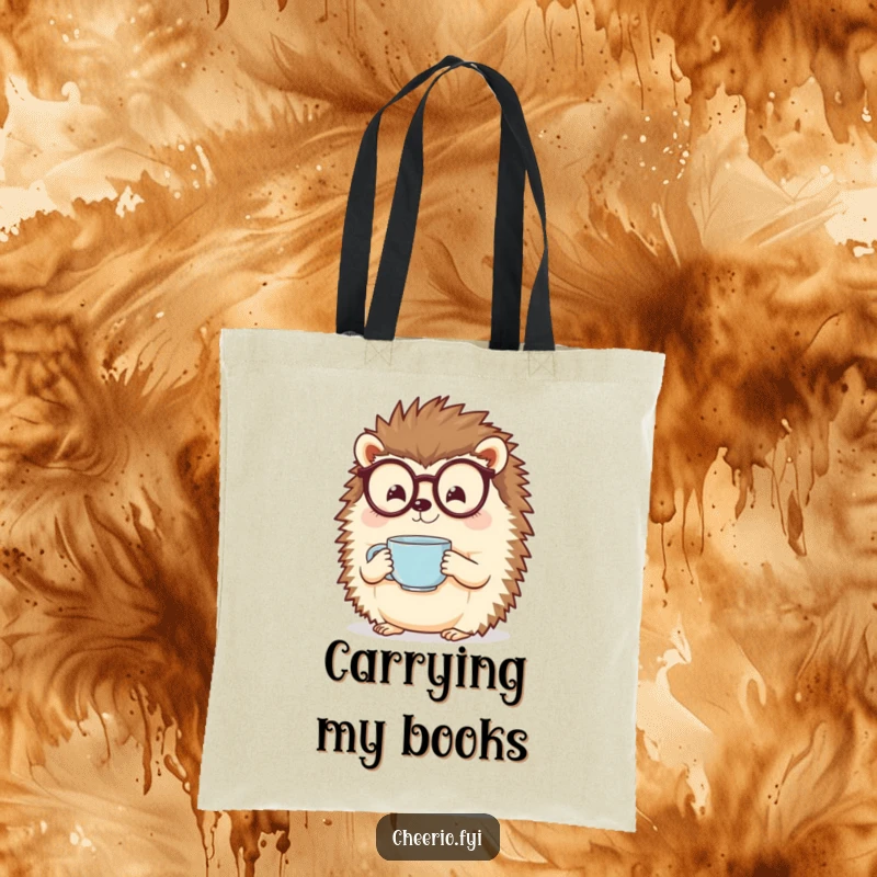 Funny Hedgehog Tote Bag: A cheerful hedgehog wearing glasses holds a teacup, ready for errands.