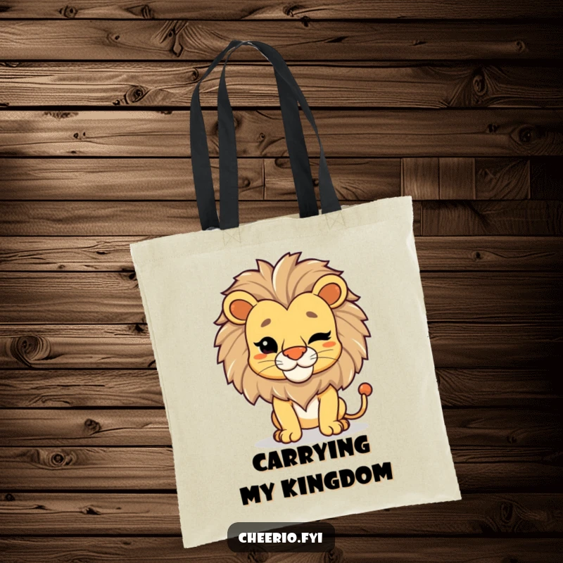 Funny Lion Wink Tote Bag: A proud lion in a regal pose winks, perfect for carrying essentials with majestic humor.