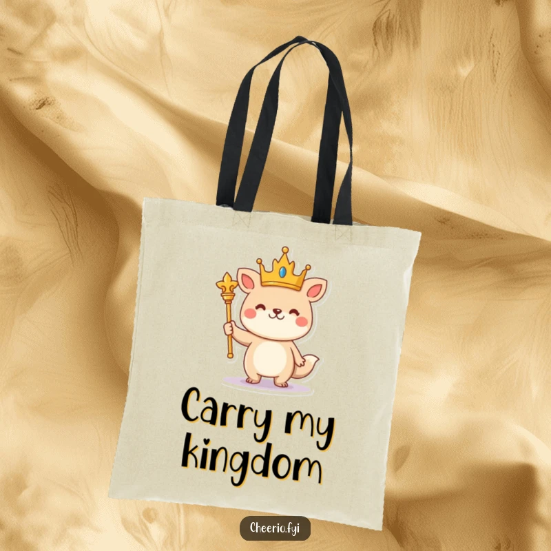 Funny cheerful animal wearing a crown and holding a scepter stands proudly on a reusable tote bag.