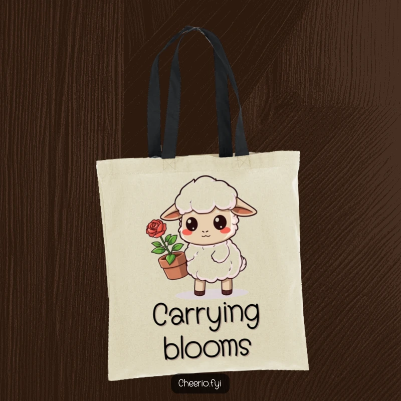 Funny Sheep Tote Bag: A determined sheep carries a potted rose, ideal for carrying essentials with a touch of nature. A charming funny gift.