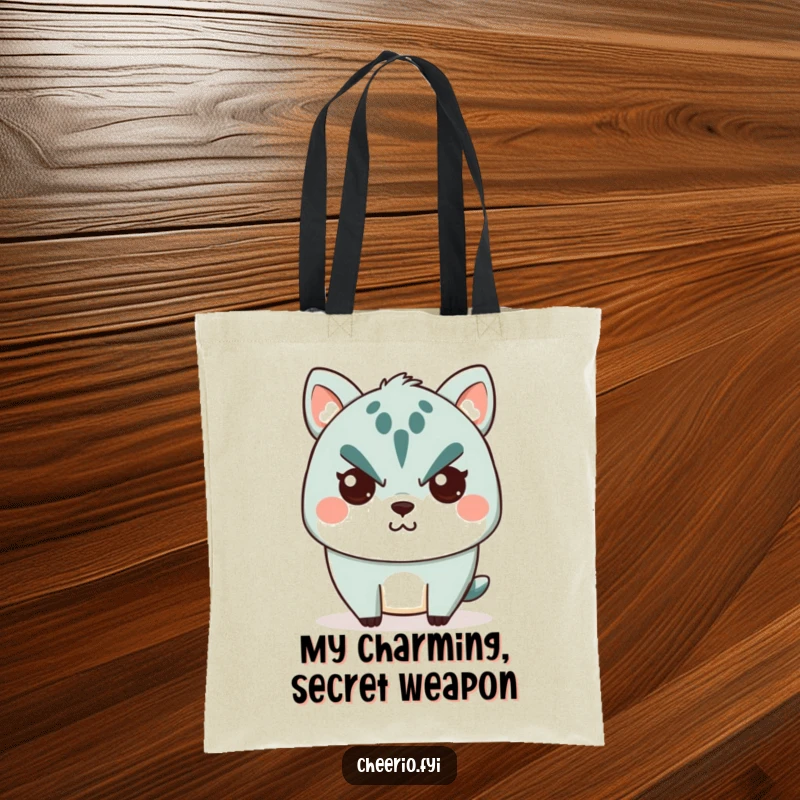 Funny Tote Bag: A cute animal character displaying a stern expression but revealing a tiny, secret smile for humorous effect.