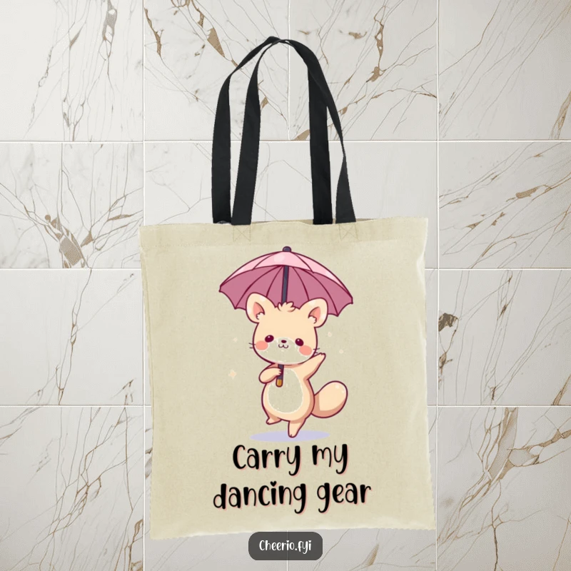 Funny tote bag with a whimsical animal dancing with a miniature umbrella, perfect for carrying items with playful humor, ideal funny gift.