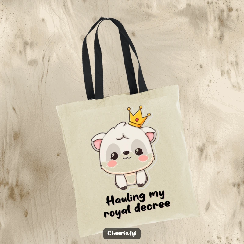 Funny tote bag with a smiling animal character proudly wearing a tiny crown, perfect for carrying treasures.