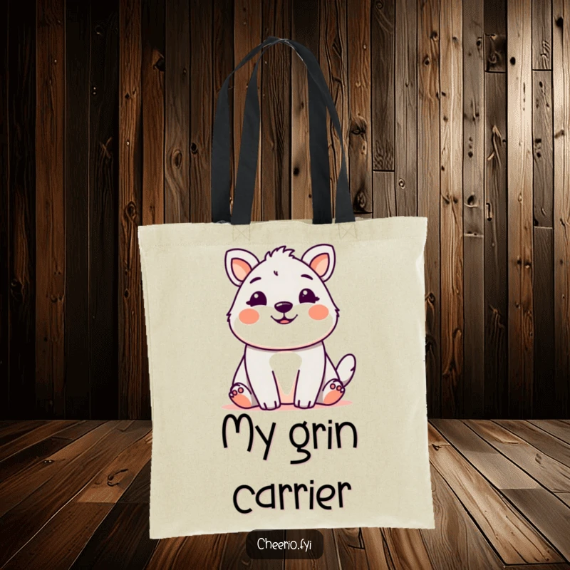 Cute animal with a friendly, welcoming grin, depicted on a humorous tote bag.