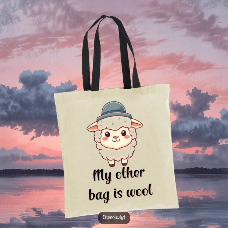 Funny sheep tote bag featuring a cheerful fluffy sheep wearing a miniature bowler hat, ready for shopping adventures.