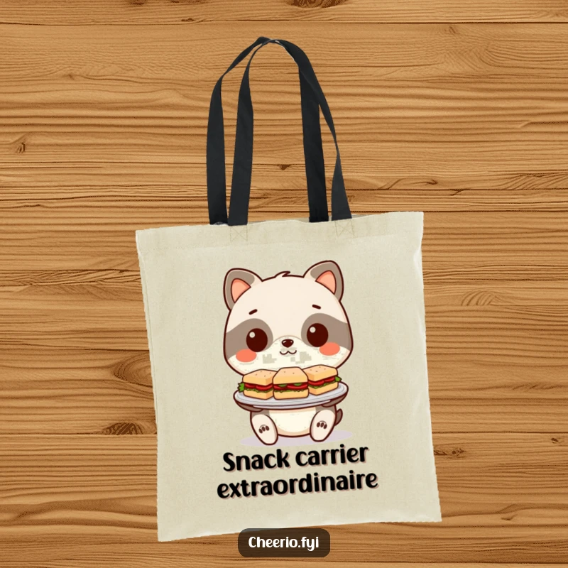 Funny Tote Bag: Stylized animal character holds a plate piled high with tiny, inviting sandwiches.